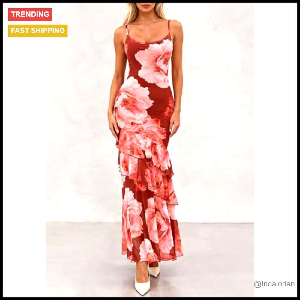 Tiered Floral Maxi Dress Spaghetti Strap Beach Wedding Guest Long Sundress - Picture 4 of 7